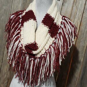 NEW Hand Knitted Burgundy Cream Boho Cowl Scarf Fringe Boho Indie Artsy Whimsy